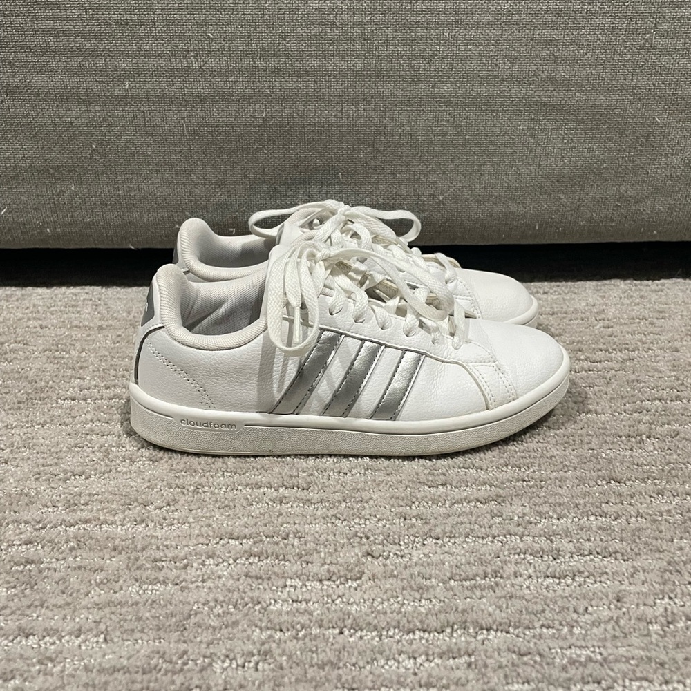 White Women's Casual Sneakers with Silver Stripes
